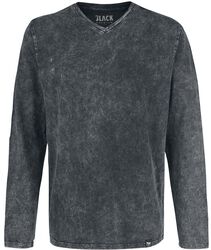 Langarmshirt mit V-Ausschnitt und Waschung, Black Premium by EMP, Langarmshirt