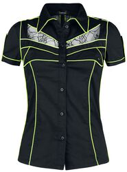 Schwarzes Kurzarmhemd mit neonfarbenen Details und transparenten Einsätzen