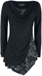 Schwarzes Langarmshirt mit Wasserfallausschnitt und Print, Black Premium by EMP, Langarmshirt